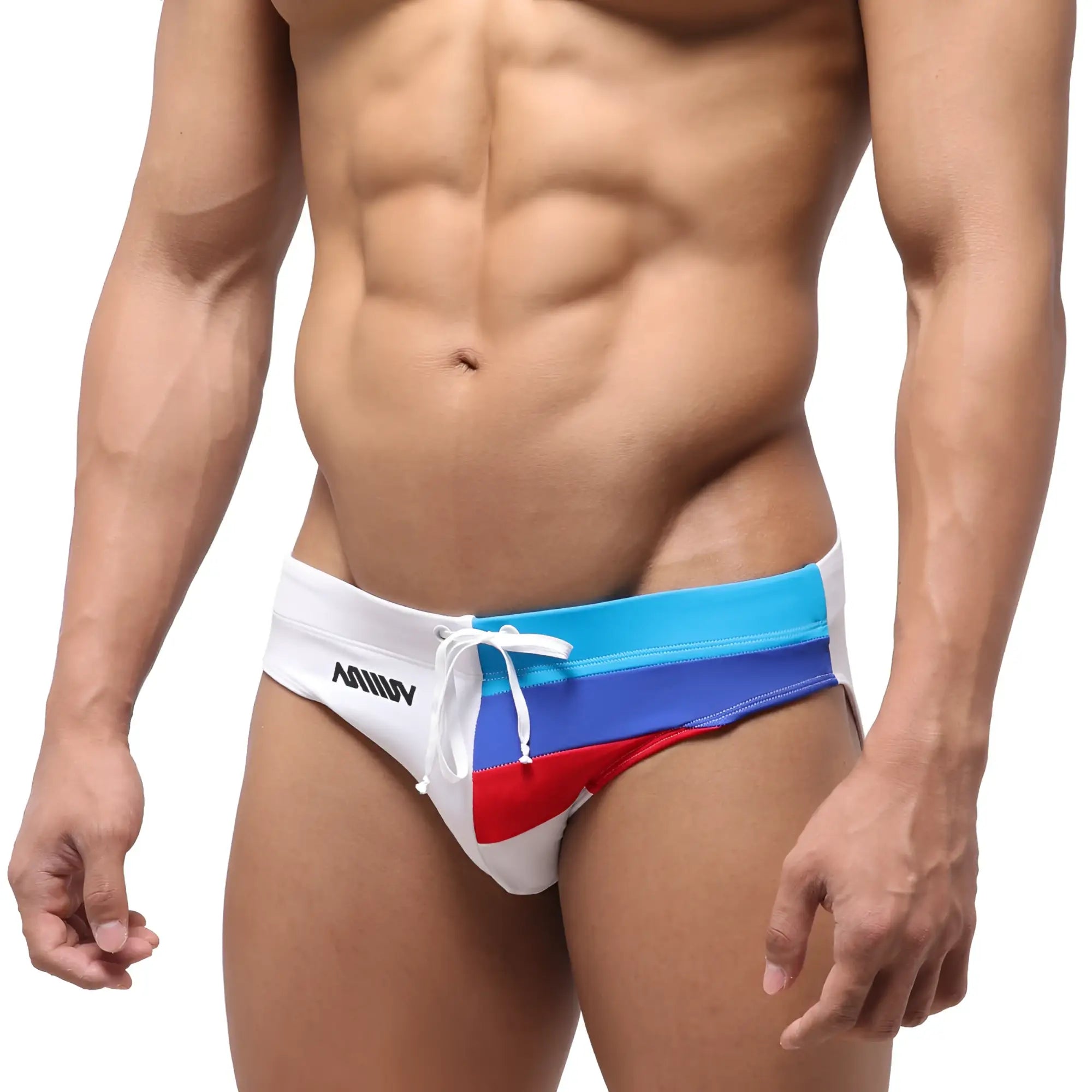 MetroMalewear euro2 swim brief 4946-00 featuring white blue and red striped swim trunks with white drawstring waistband