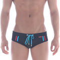 MetroMaleWear Europa swim brief black with vibrant blue and red vertical side stripes and matching light blue drawstring