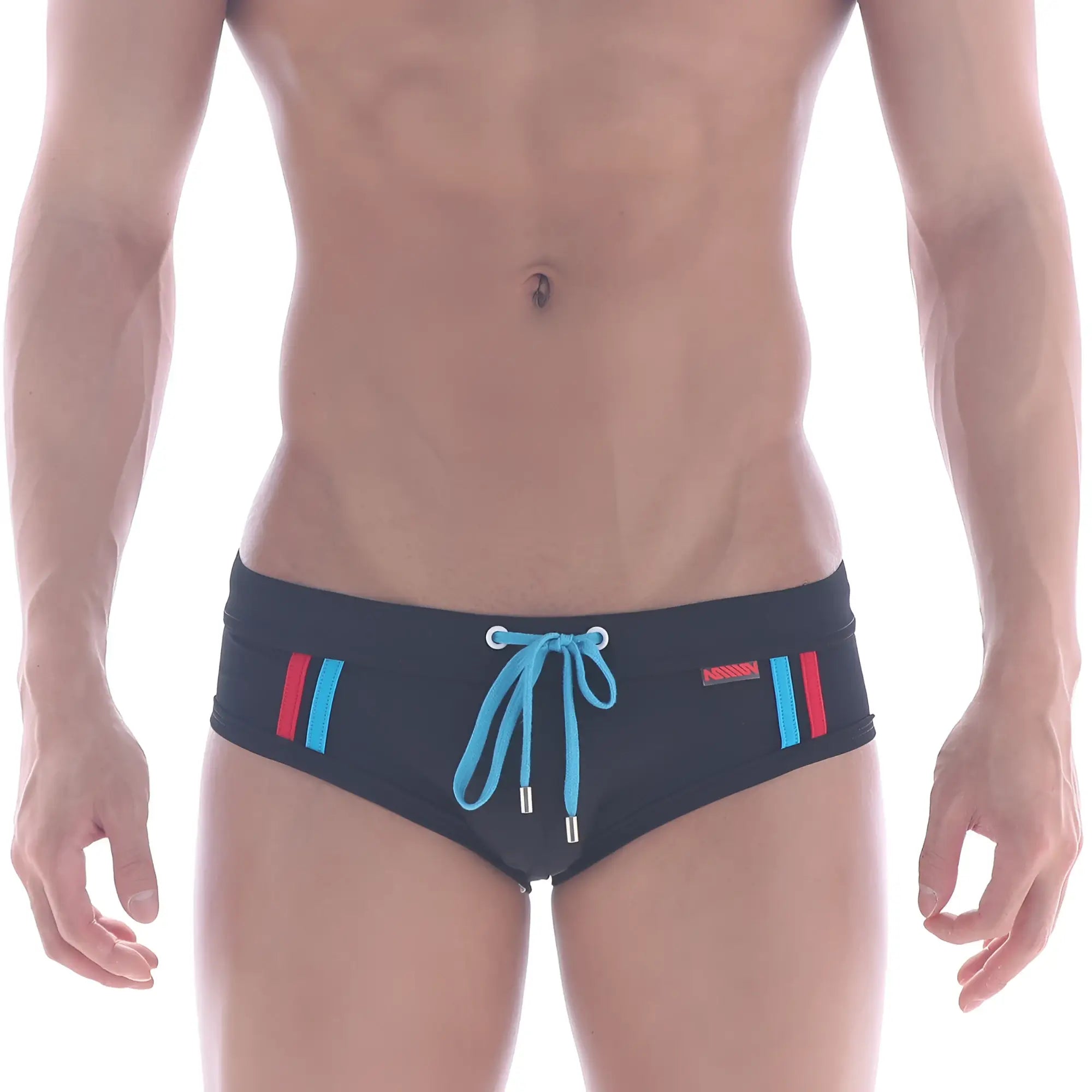 MetroMaleWear Europa swim brief black with vibrant blue and red vertical side stripes and matching light blue drawstring