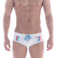 MetroMaleWear europa swim brief white with red and blue side stripes and light blue drawstring tie