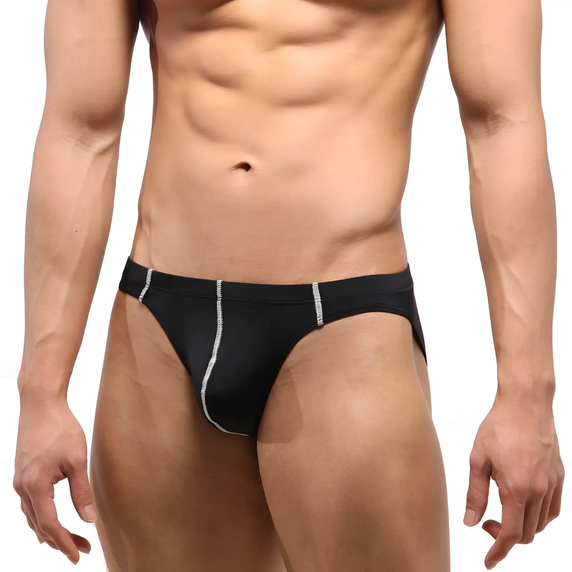 Black MetroMaleWear European hip briefs with silver stitching on waistband and leg openings for stylish comfort