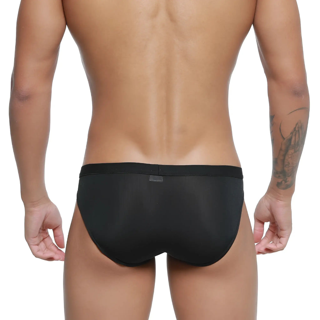 Metro male wear expose brief black 2207-20 smooth form-fitting fabric with solid waistband black briefs front view
