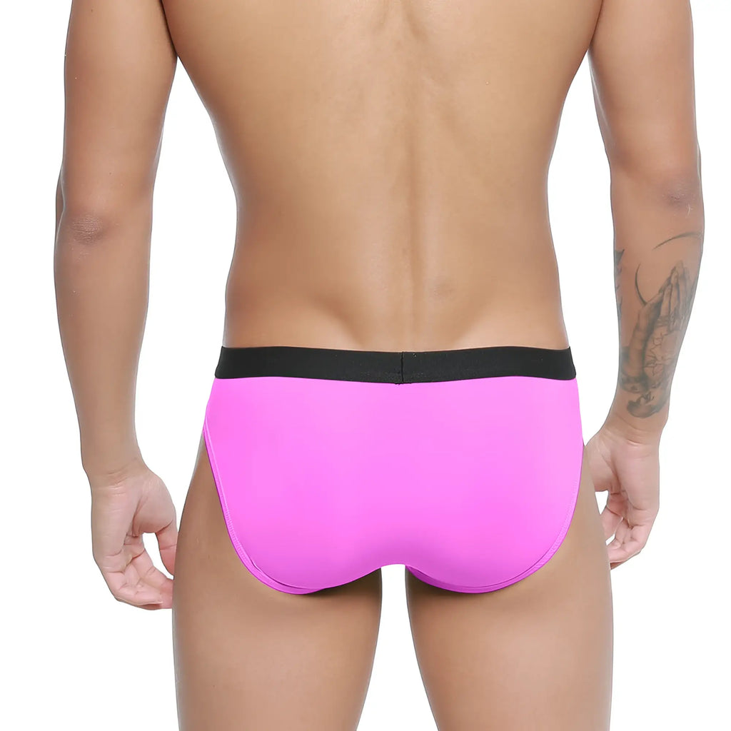 Bright pink MetroMaleWear Expose brief with black elastic waistband made for comfortable everyday wear