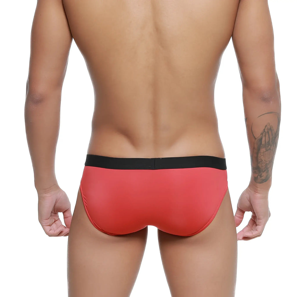 MetroMaleWear expose brief red swim trunks with black waistband for comfortable and stylish swimwear use