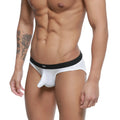 White mens briefs with black waistband featuring wni logo from metromalewear expose brief white 2207-00