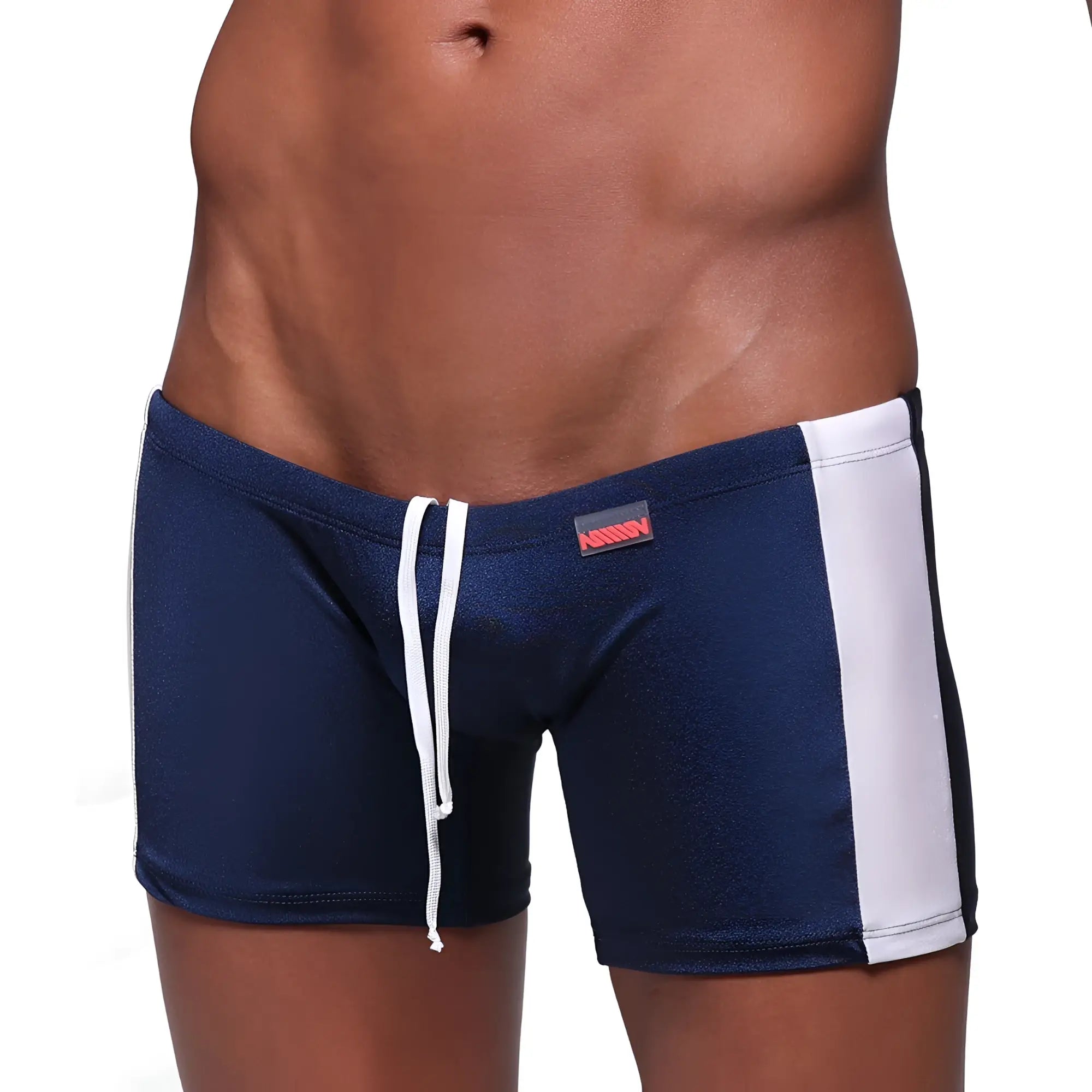 Navy blue swim trunks metro male wear extreme square 4933-28 with white side stripes and drawstring waistband