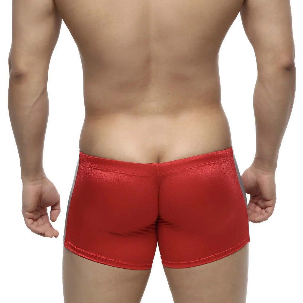 MetroMaleWear Extreme square red metallic swim trunks with gray side panels designed for performance swimming