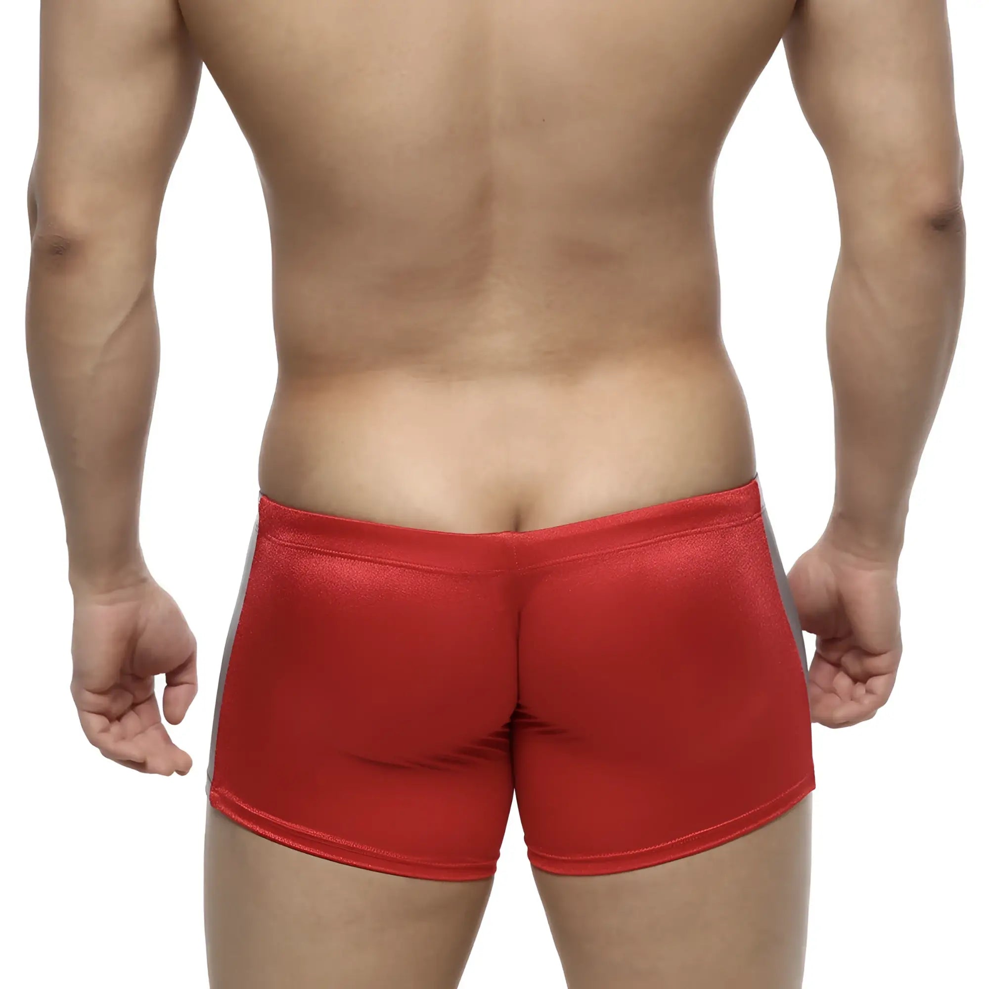 MetroMaleWear Extreme square red metallic swim trunks with gray side panels designed for performance swimming