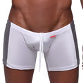 MetroMaleWear Extreme Square white 4933-00 white and gray athletic swim trunks with shiny textured fabric and drawstring waistband