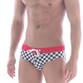MetroMalewear F1 swim brief 4916-44 black and white checkered swim trunks with red waistband and white drawstring