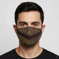 Brown face mask with gold-tone metallic studs in geometric pattern and matching trim by Metromalewear gold dots 0111-66