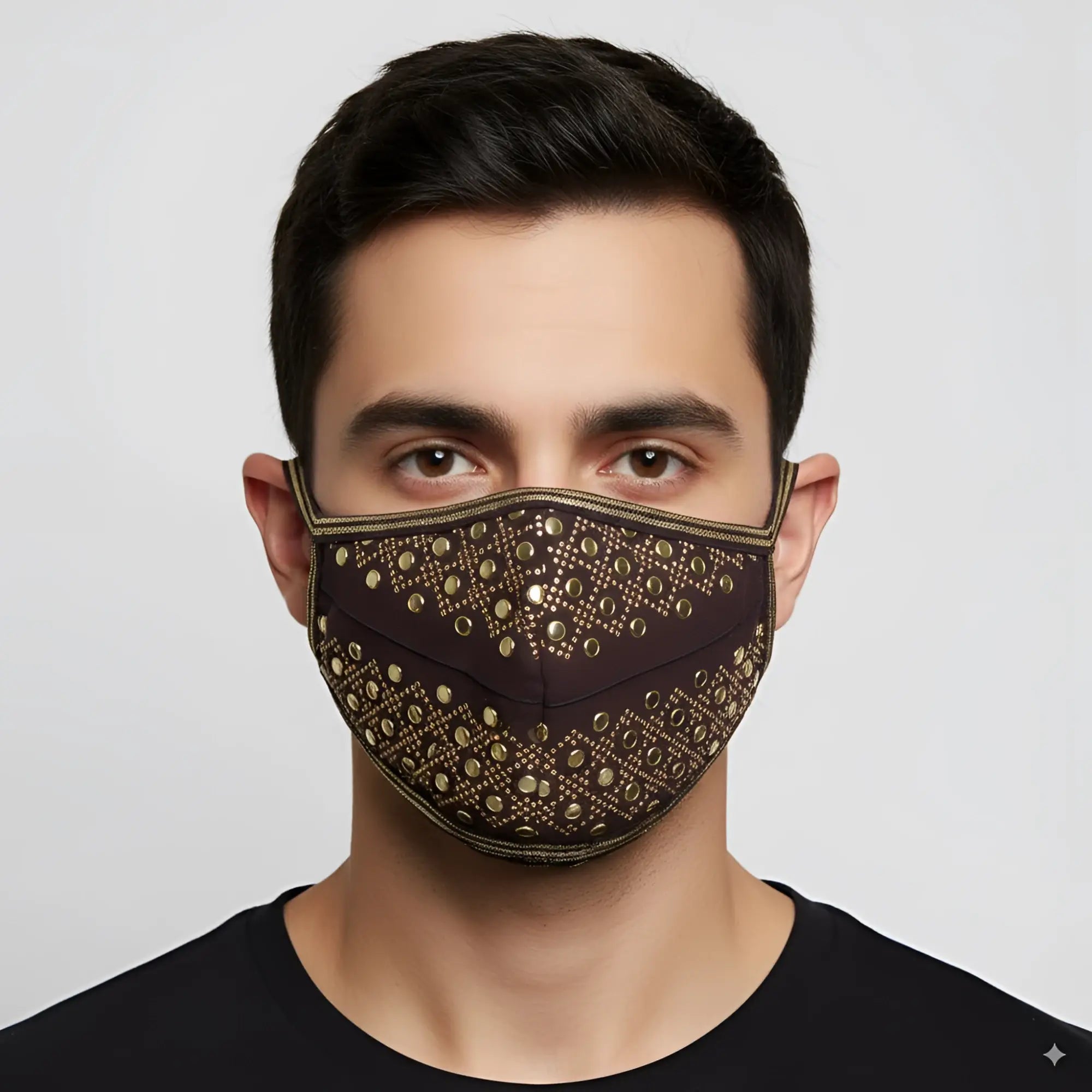 Brown face mask with gold-tone metallic studs in geometric pattern and matching trim by Metromalewear gold dots 0111-66