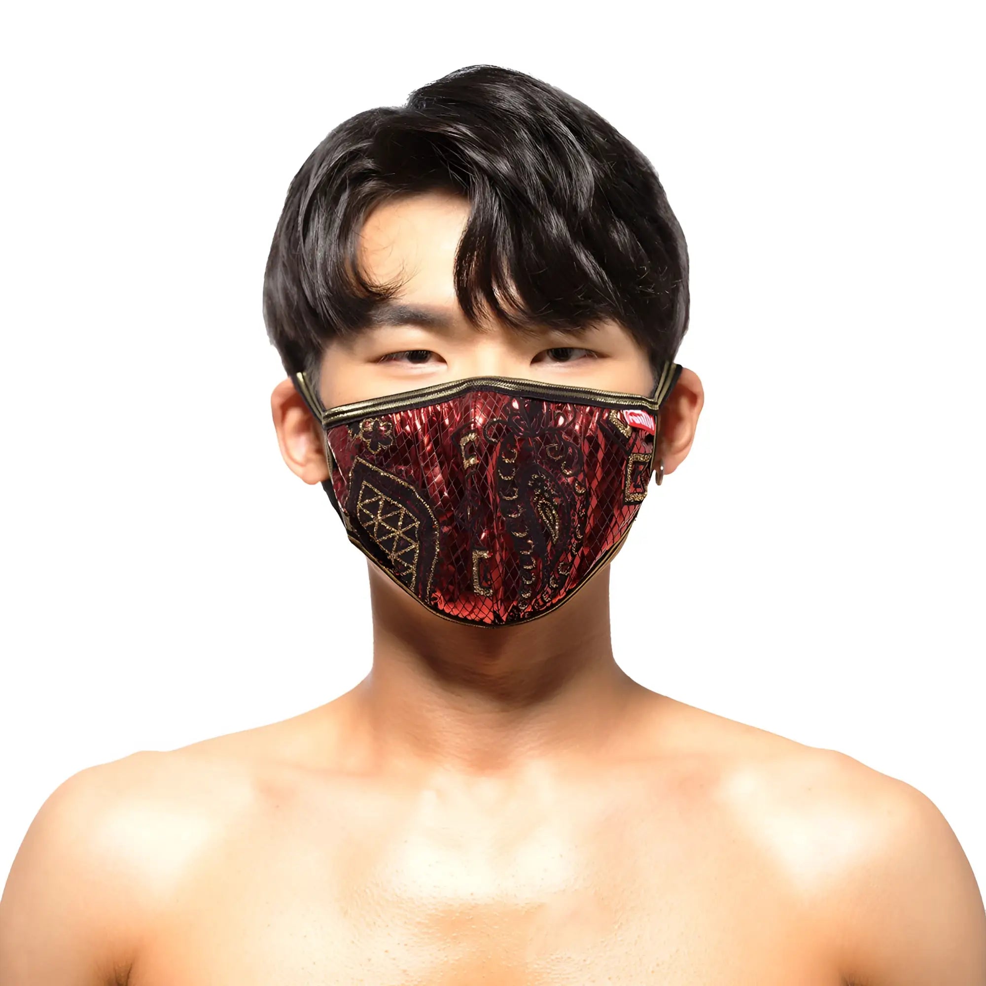 MetroMaleWear face mask metal paisley red 0111-62 red and black sequined with gold embroidery details