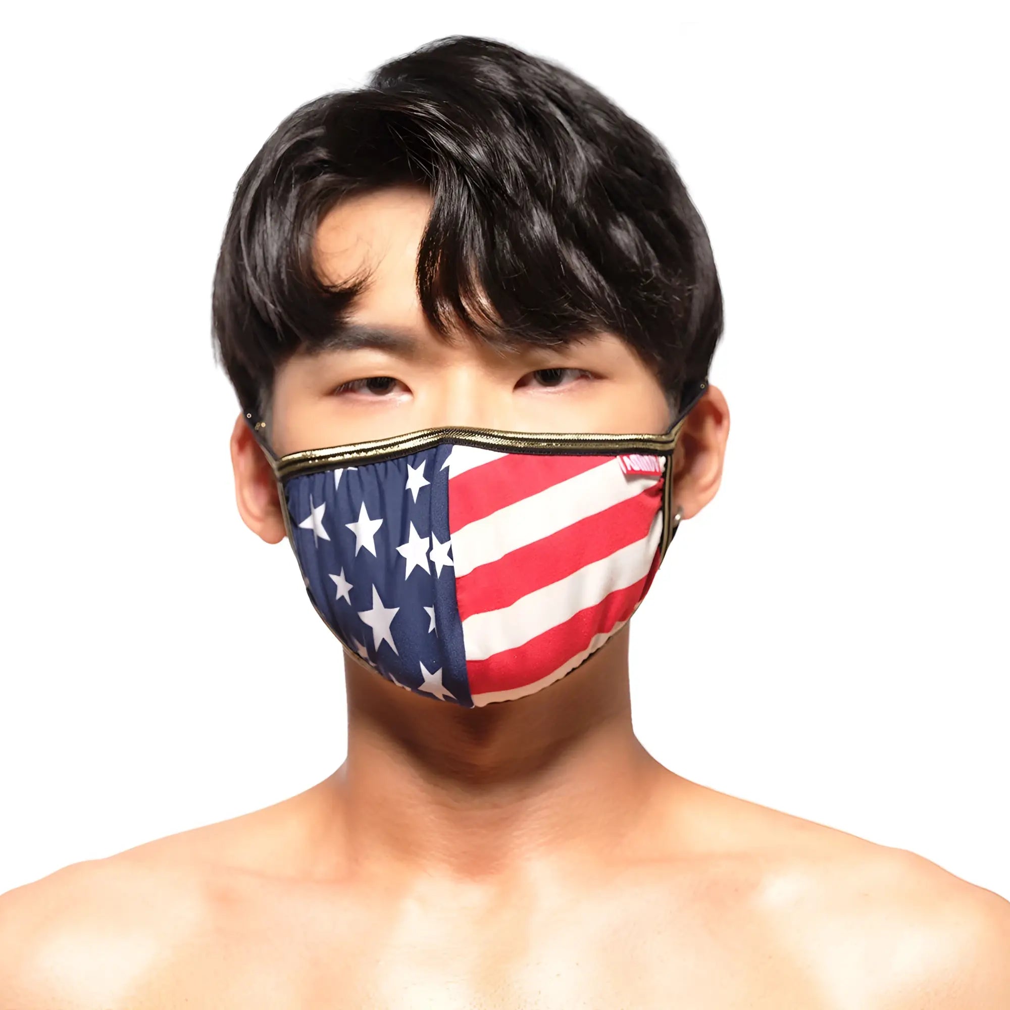 MetroMaleWear face mask usa 0111-60 with American flag pattern and gold trim in breathable fabric for everyday use
