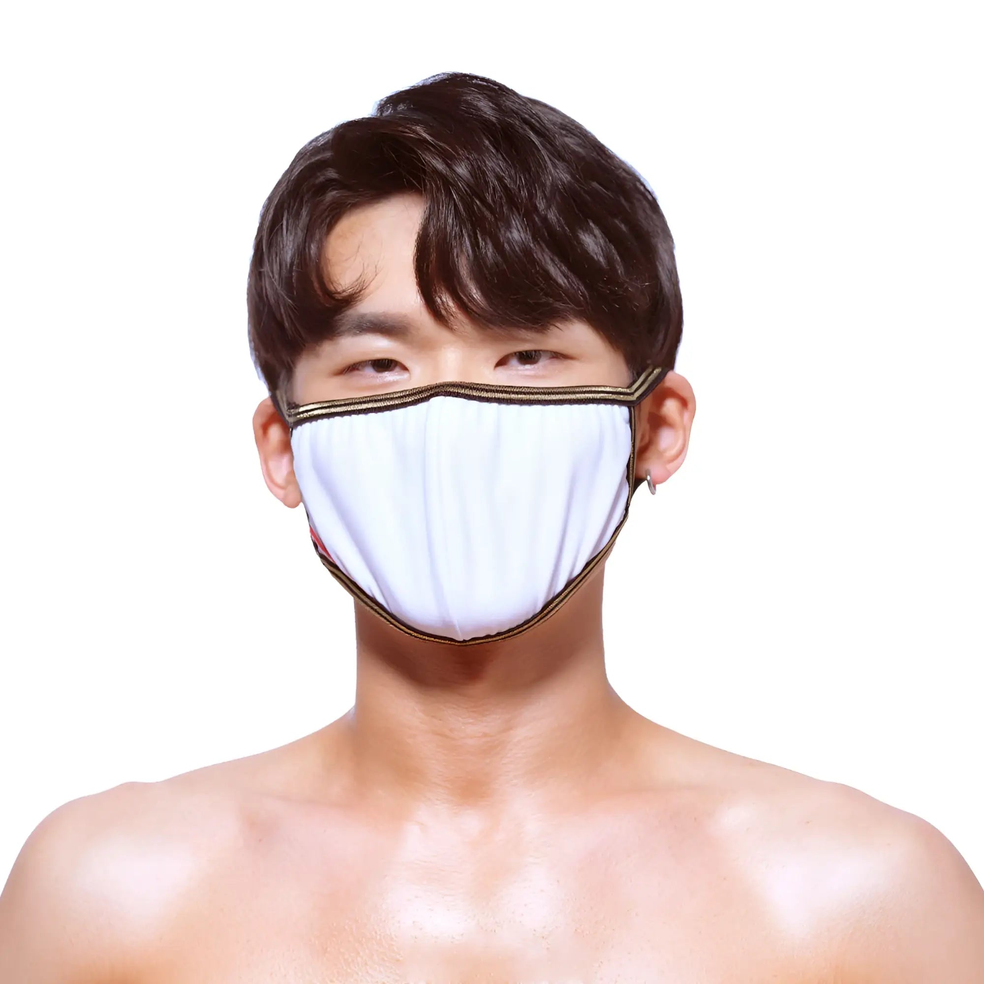White face mask with gold trim from metromalewear designed for stylish and comfortable everyday use
