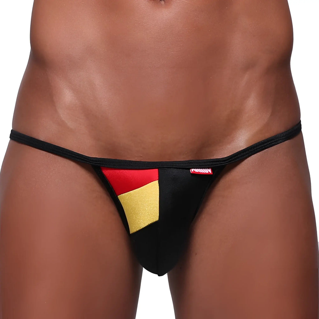 MetroMaleWear Fantasia bikini black thong with red and gold german flag panels and a small red waistband tag