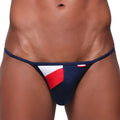 MetroMalewear Fantasia bikini thong in navy blue white and red geometric pattern with subtle sheen front view