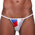 MetroMaleWear Fantasia bikini white thong with bold red and blue geometric panel and subtle metallic sheen on front