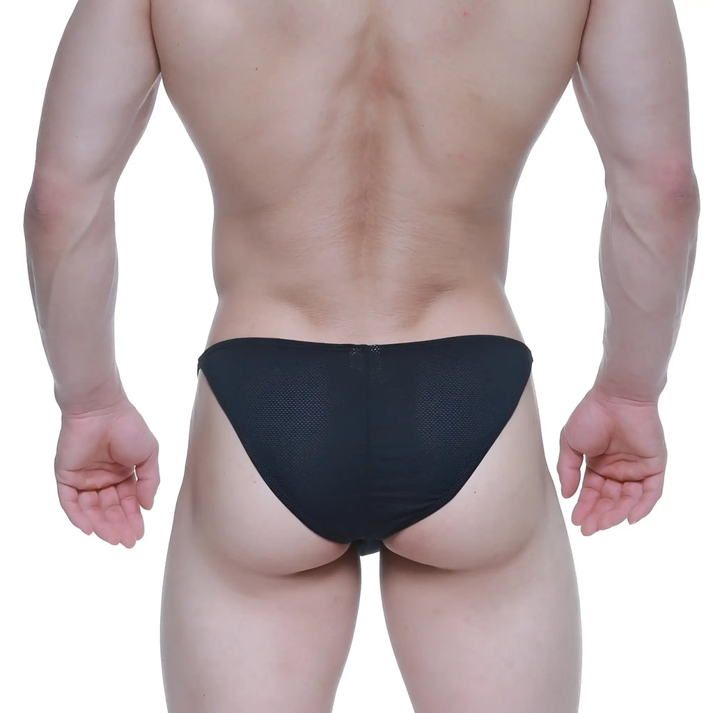 Back view of metromalewear fantasy bikini black mesh briefs with zipper closure for stylish men’s underwear