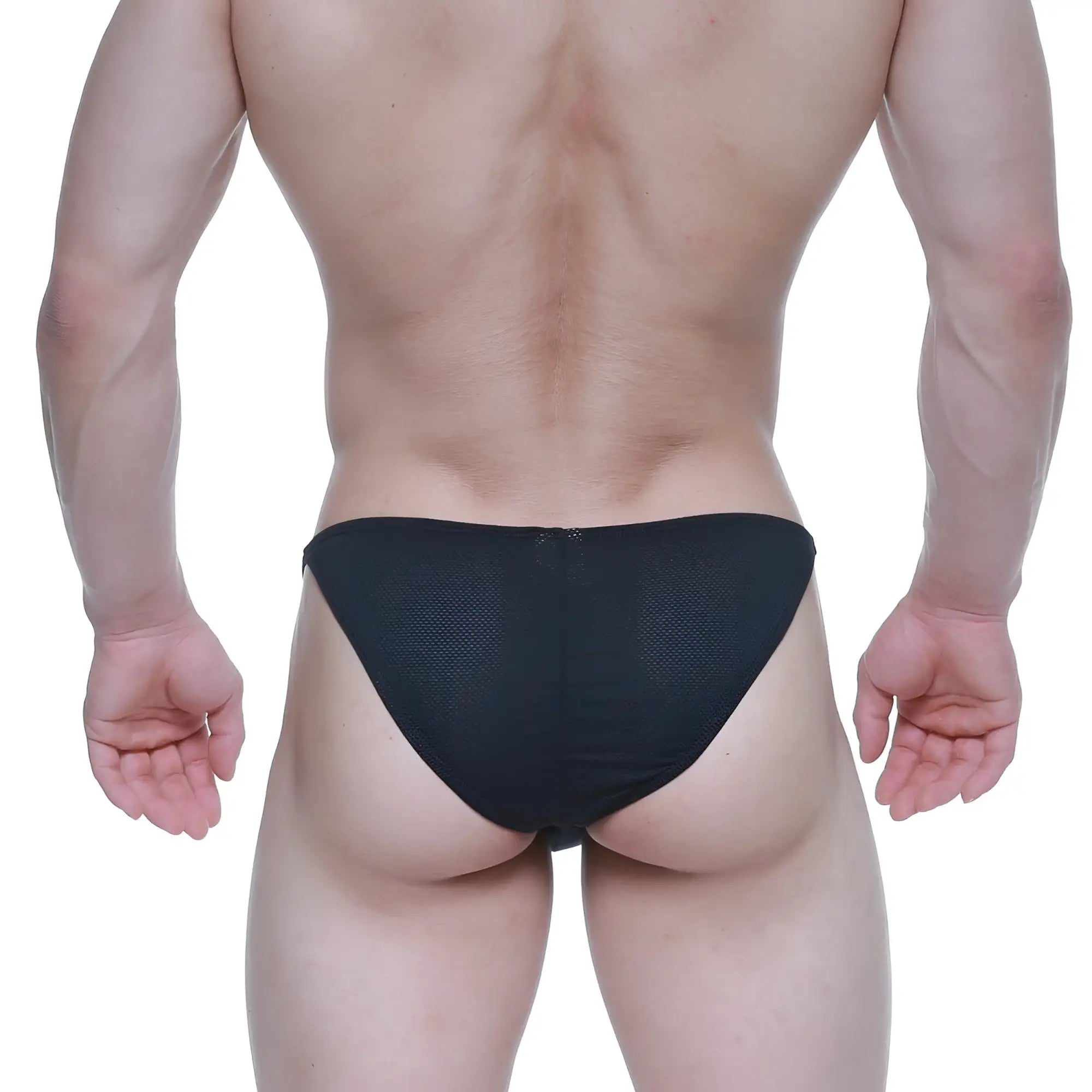 Back view of metromalewear fantasy bikini black mesh briefs with zipper closure for stylish men’s underwear