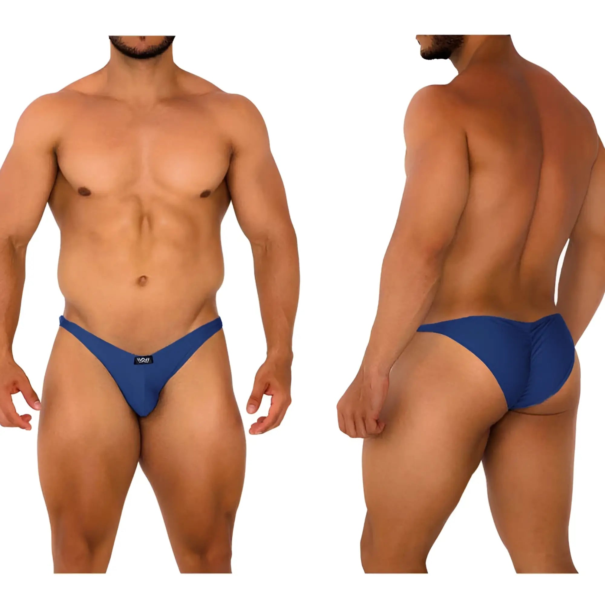 Metro malewear fantasy bikini dark blue 6116-28 sleek form-fitting blue men’s briefs with small black logo on front