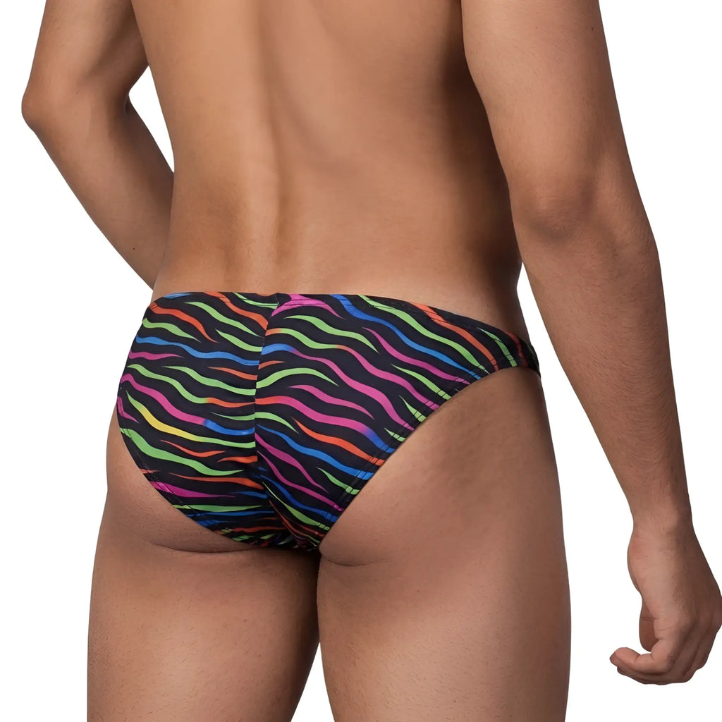 MetroMalewear fantasy bikini disco 6116-43 vibrant rainbow-striped swim trunks with bold zebra pattern on black base