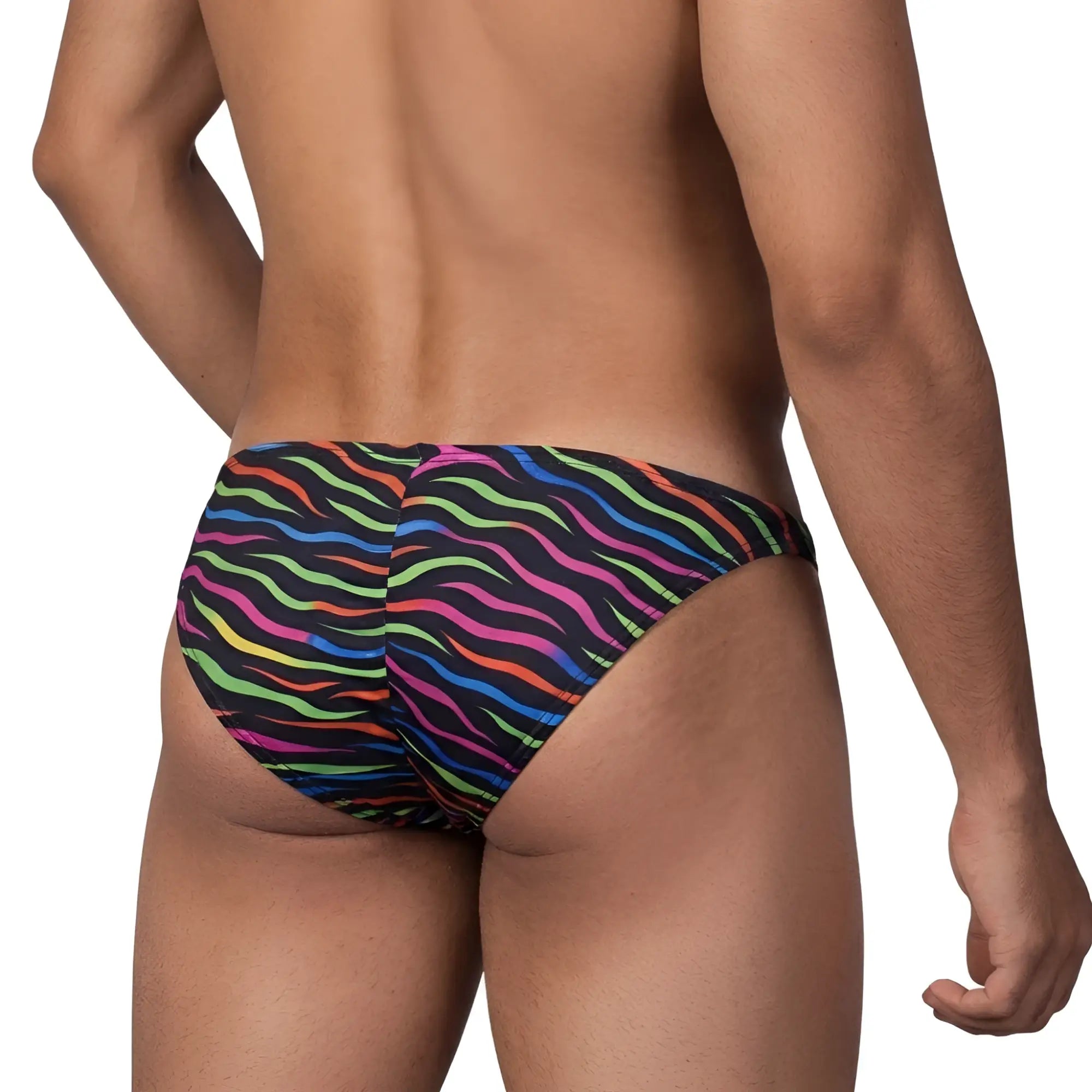 MetroMalewear fantasy bikini disco 6116-43 vibrant rainbow-striped swim trunks with bold zebra pattern on black base