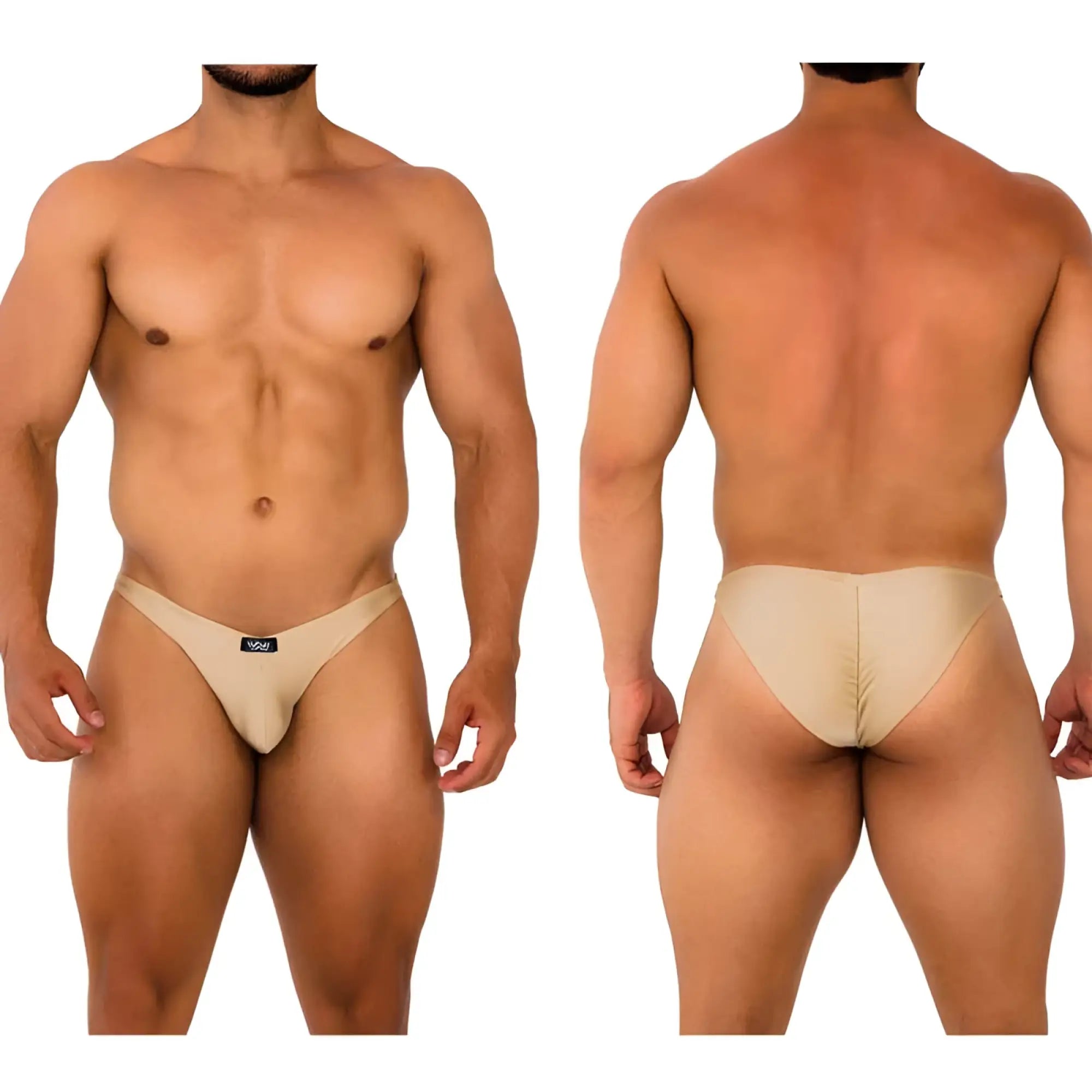 Beige form-fitting briefs with subtle MetroMaleWear logo front detail in fantasy bikini gold 6116-21 style