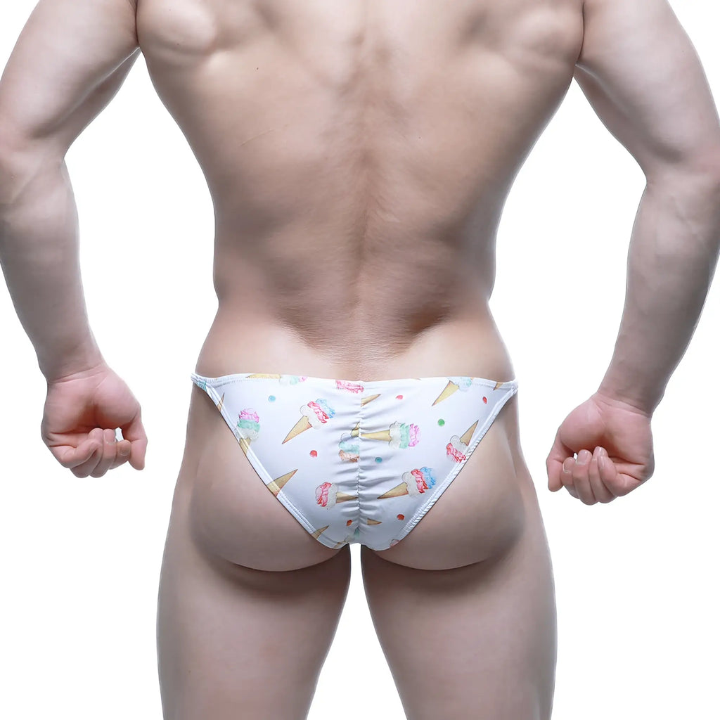 White swim trunks by metromalewear with colorful ice cream cone and sprinkle pattern fantasy bikini 6116-60