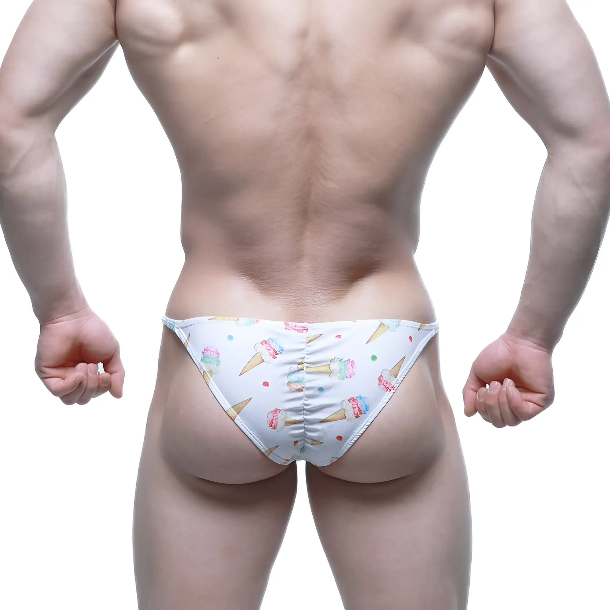 White swim trunks by metromalewear with colorful ice cream cone and sprinkle pattern fantasy bikini 6116-60