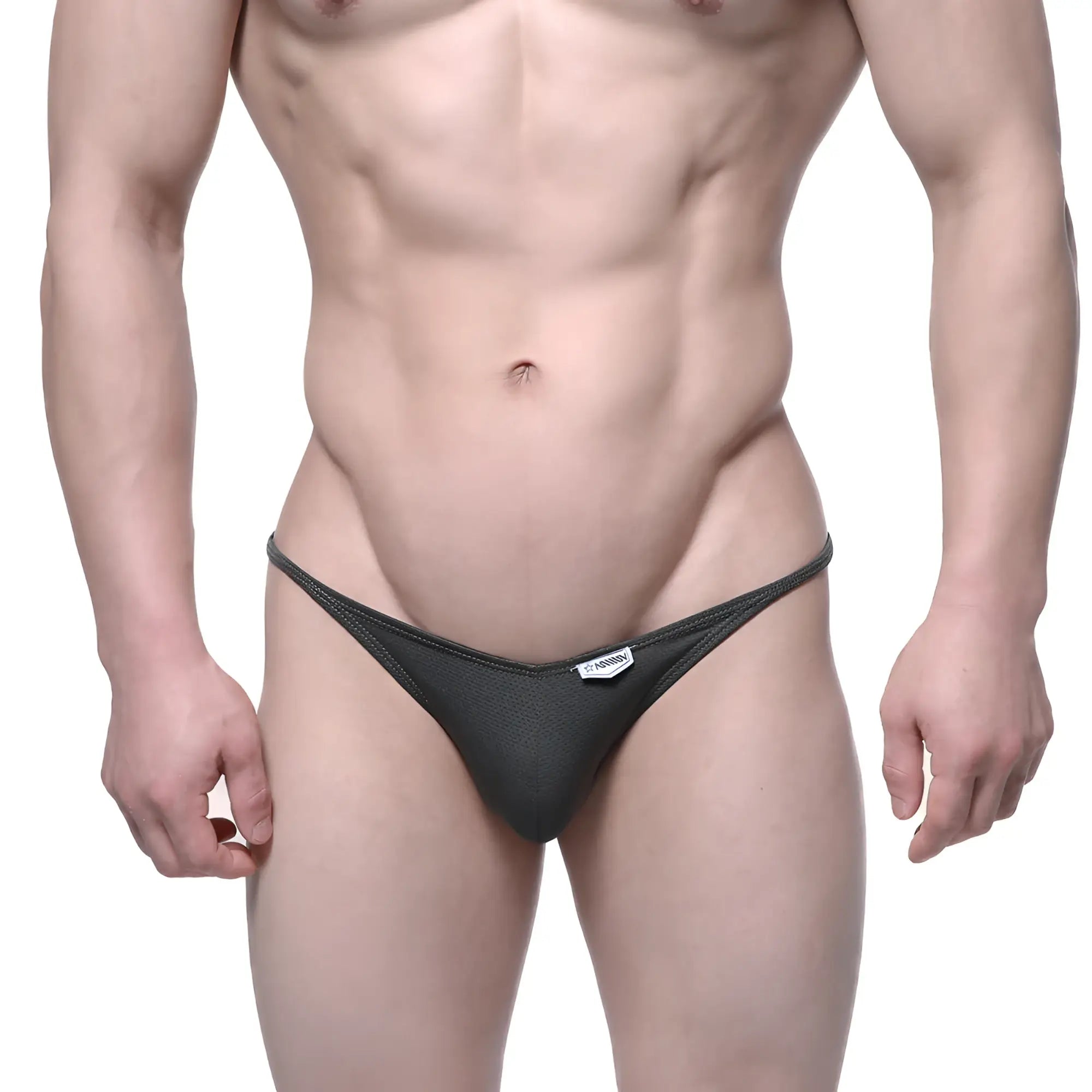 Black mesh thong with a small white brand tag at the waistband from MetroMaleWear fantasy bikini khaki 6116-26