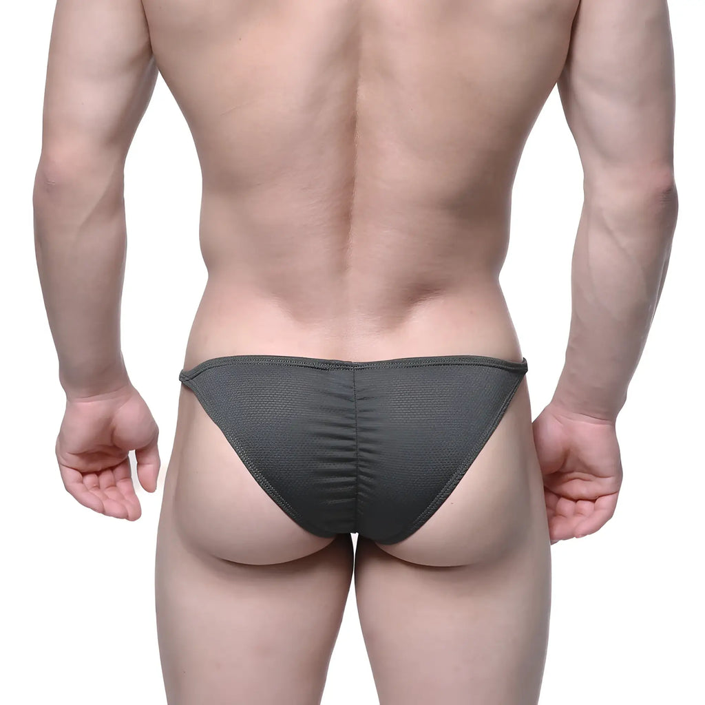 Dark gray textured fabric briefs with ruched back design from metromalewear fantasy bikini khaki 6116-26 collection