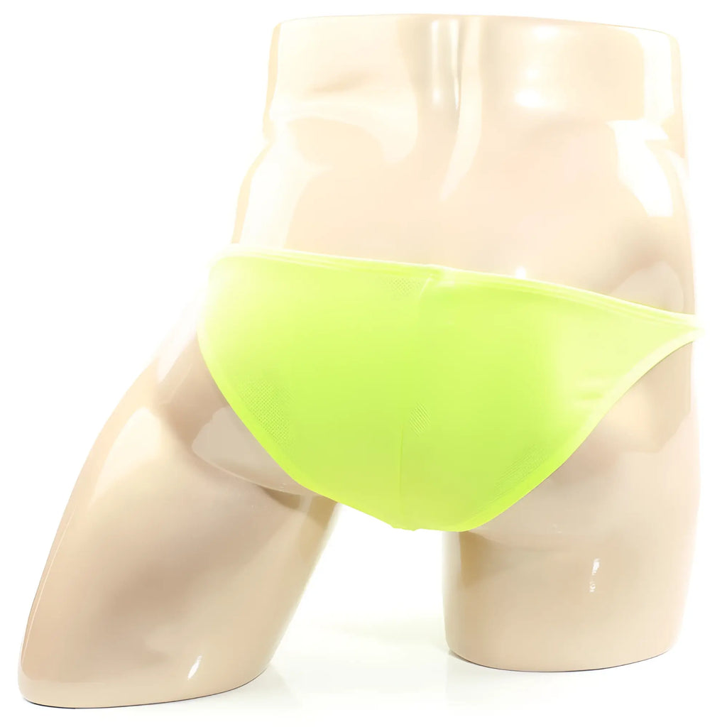 Bright lime green mesh briefs from MetroMaleWear fantasy bikini neon 6116-07 displayed on a mannequin