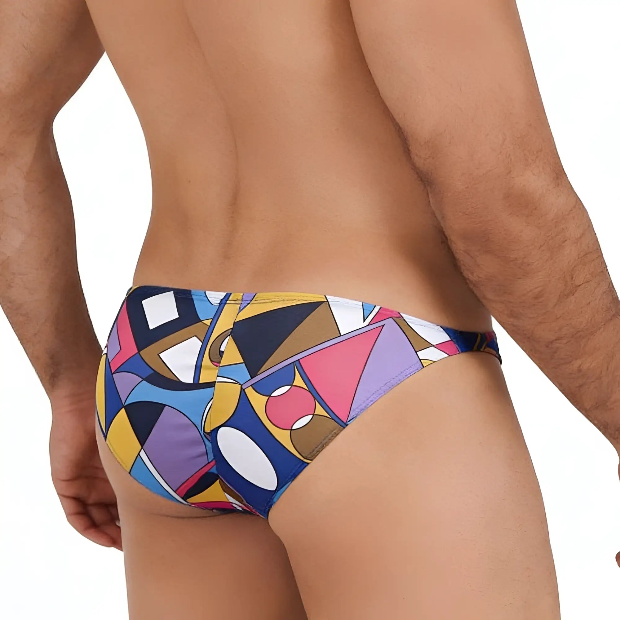 MetroMaleWear Fantasy Bikini Picasso 6116-87 swim trunks feature vibrant geometric patterns in bold blues yellows pinks and purples