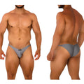 Gray form-fitting briefs with sleek minimalist design and black brand tag on waistband metro male wear fantasy bikini