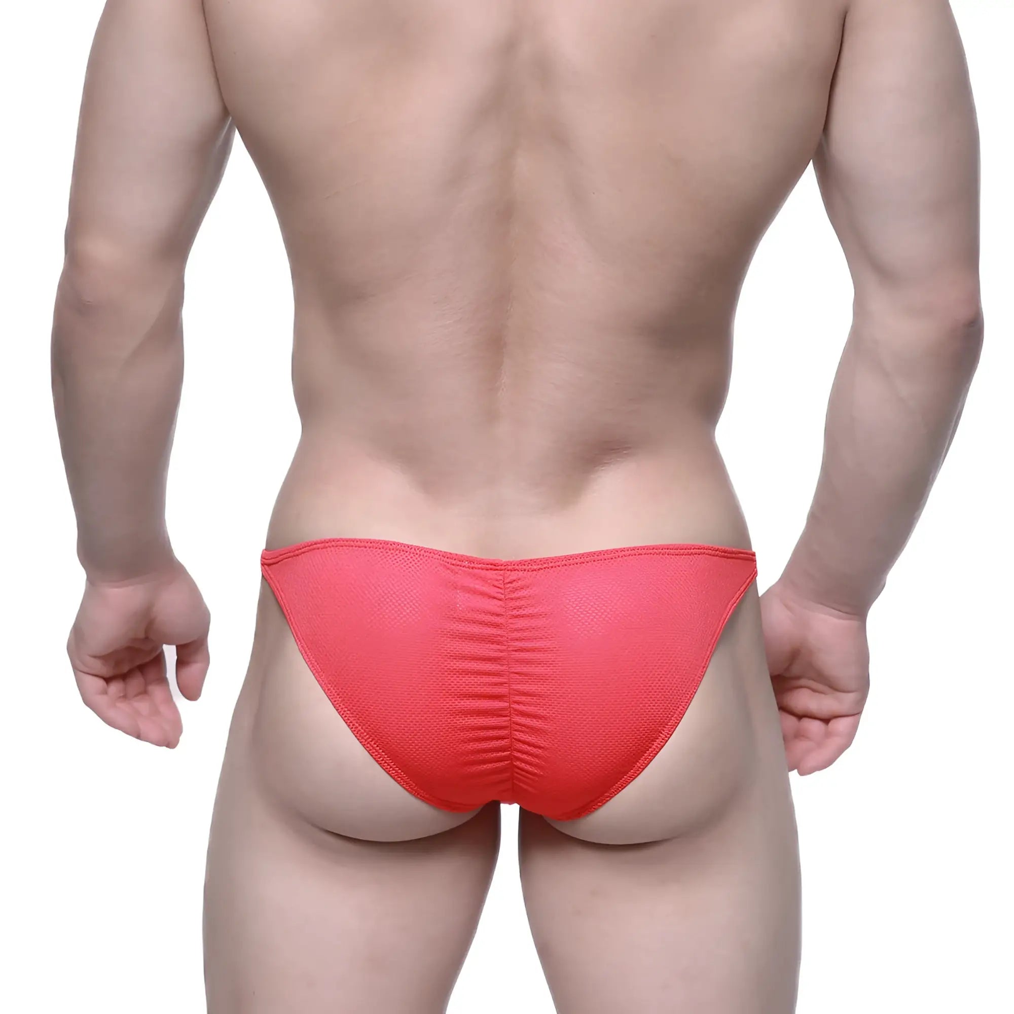 Back view of metro male wear fantasy bikini red 6116-12 bright coral-red textured mesh briefs with ruched design