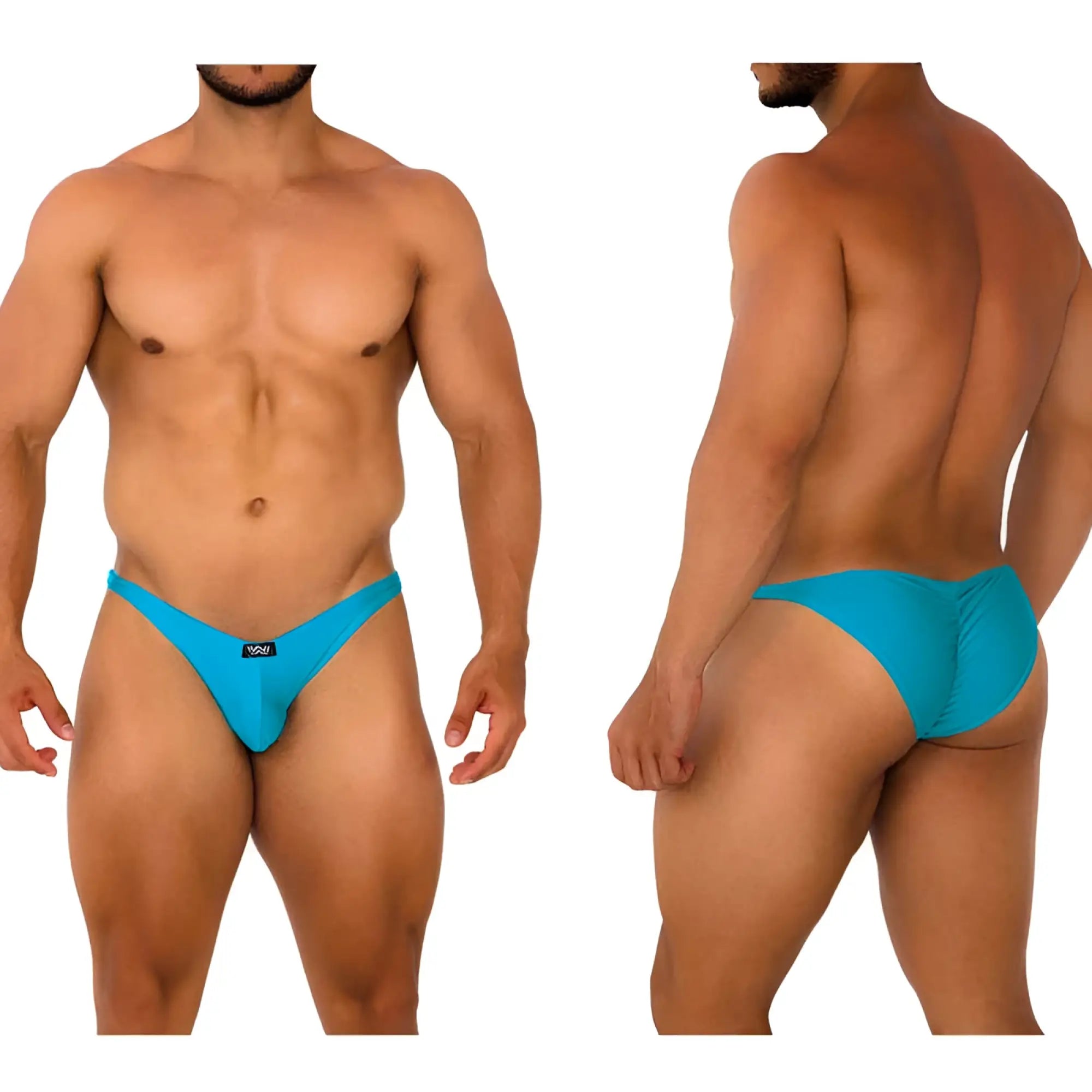 Vibrant turquoise metro male wear fantasy bikini briefs with sleek form-fitting design and subtle waistband branding