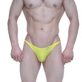 Bright yellow mesh thong bikini by MetroMaleWear with a small white brand tag on the front