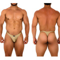 Beige metroMalewear fantasy thong gold 6112-21 with small black brand tag on the front made of soft fabric