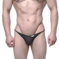Black mesh thong with small white brand tag at waistband from metromalewear fantasy thong khaki 6112-26 collection