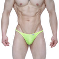 Bright neon green mesh thong with small silver logo tag by MetroMaleWear fantasy thong neon 6112-07