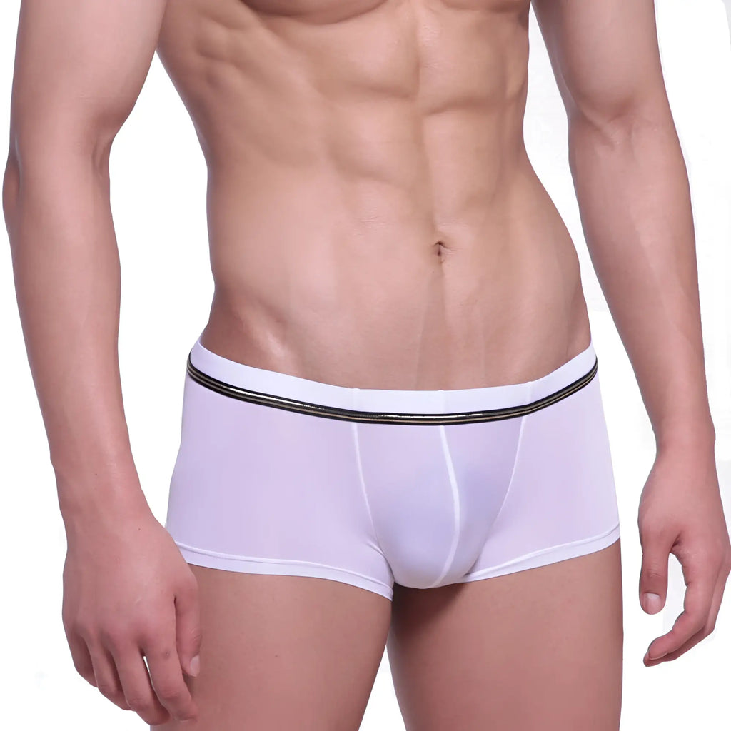 White metroMalewear faro boxer briefs with black elastic waistband featuring two thin stripes for men