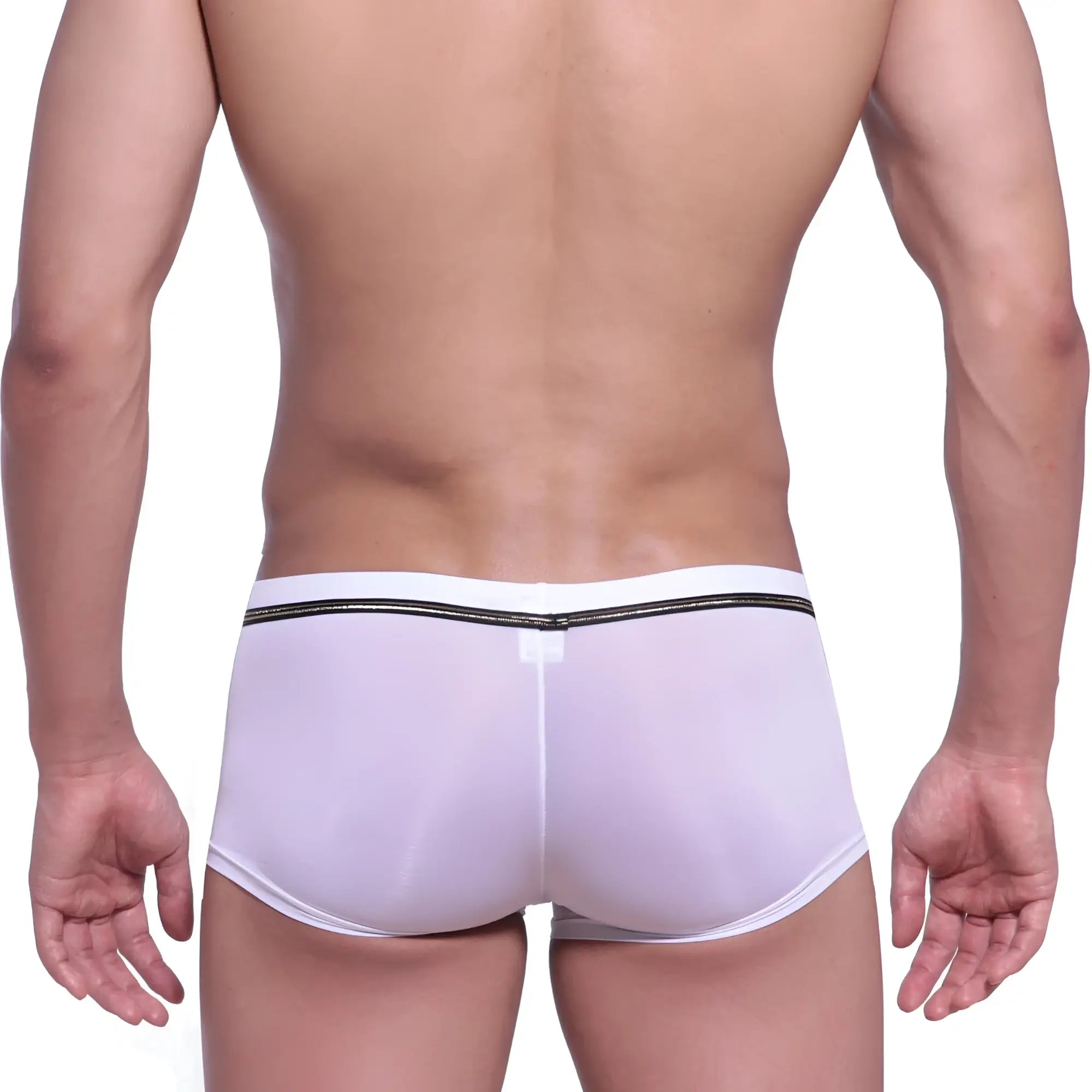 Back side of metro malewear faro boxer brief white 2026-39 with white sheer fabric black elastic waistband and logo