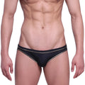 Black MetroMaleWear Faro Jock strap swim trunks with thin metallic gold trim on waistband and leg openings