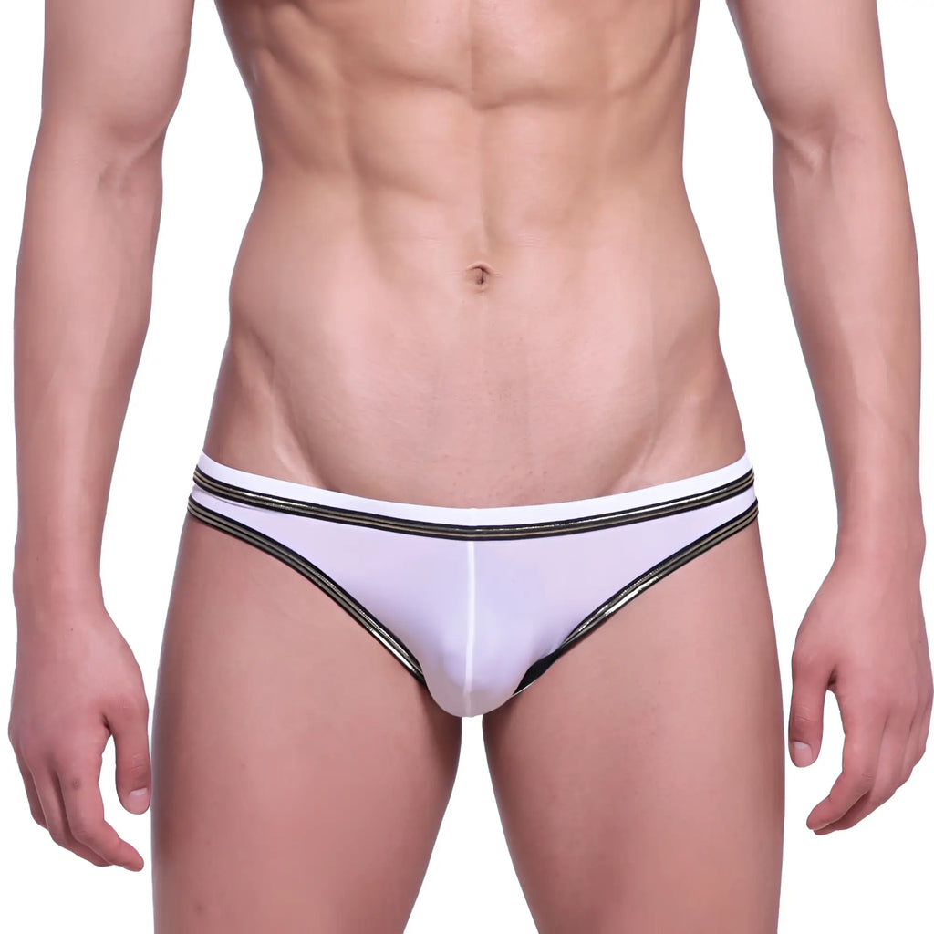 Metro male wear faro white briefs with black and gold striped trim designed for comfortable daily wear