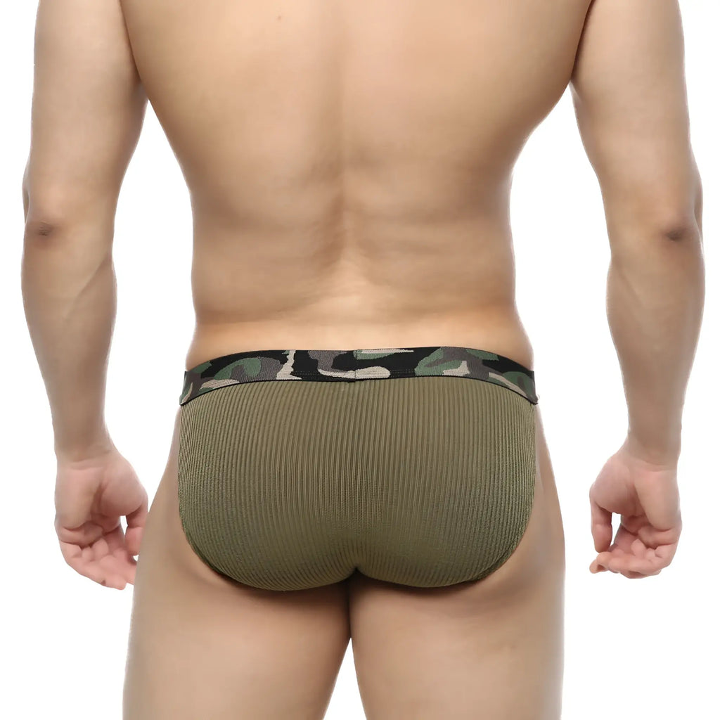 Metro male wear felix bikini green olive ribbed men’s underwear with camouflage waistband detail