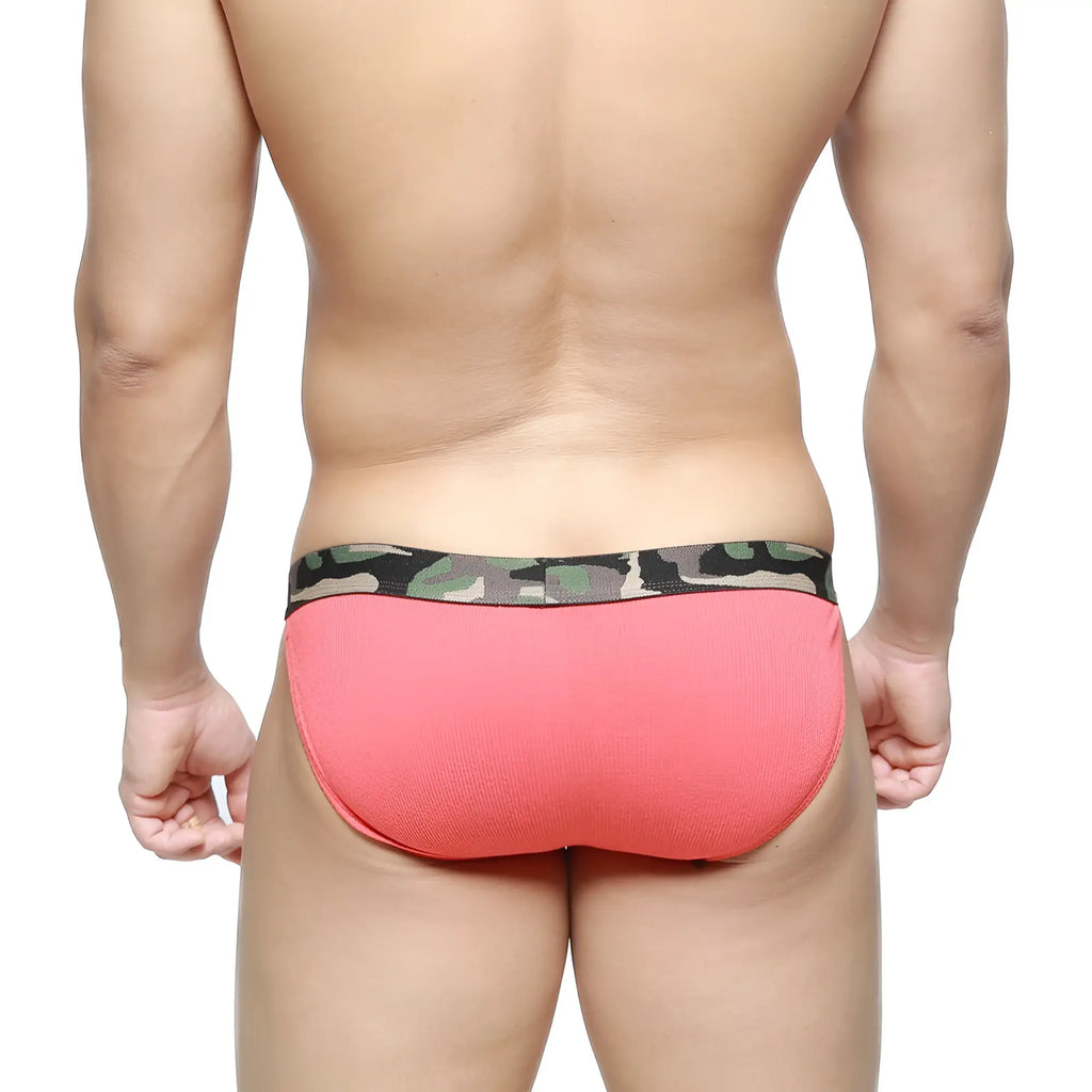 Coral pink MetroMaleWear Felix bikini briefs with camouflage-patterned waistband for men
