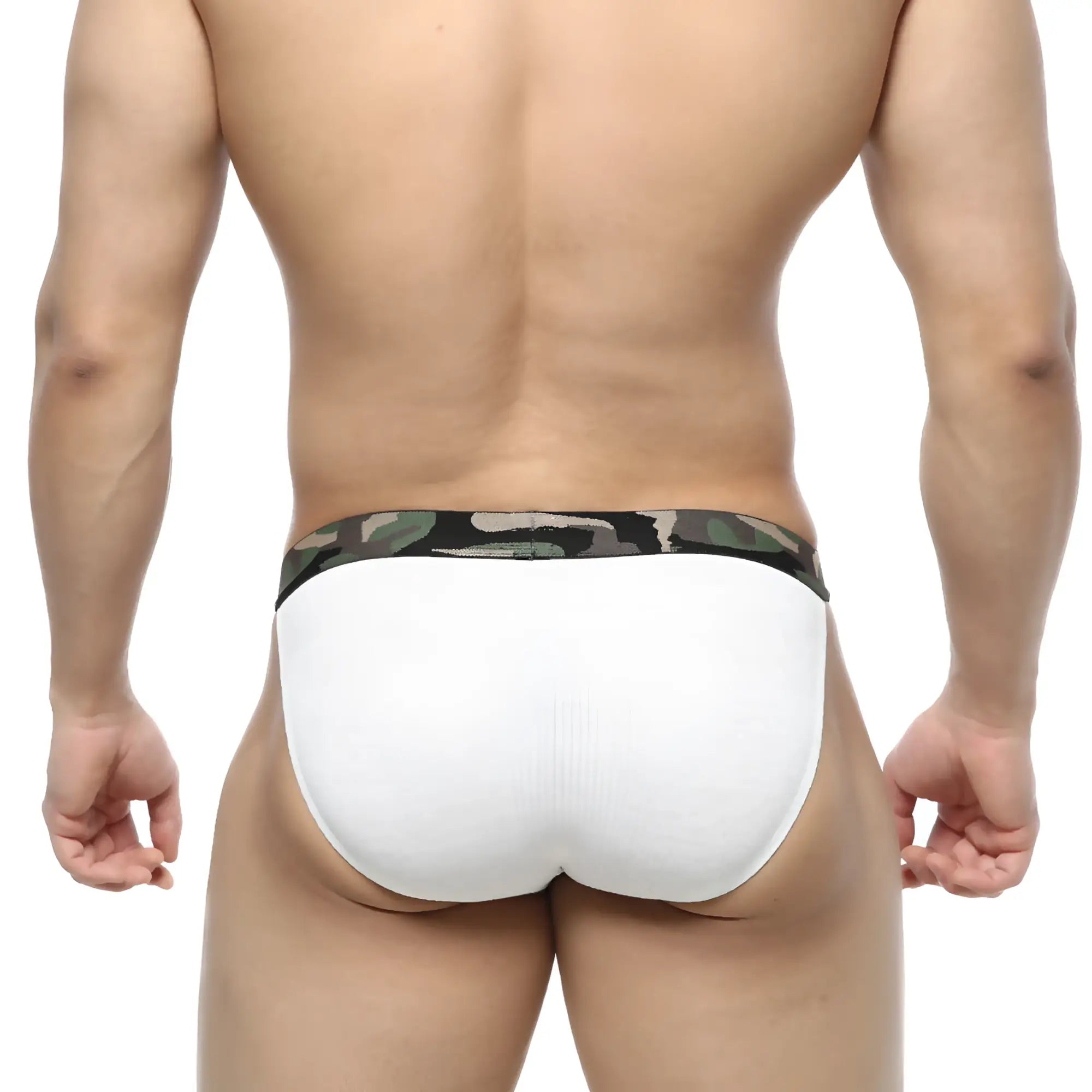 White briefs with camouflage-patterned waistband from metromalewear felix bikini white 7004-00 collection