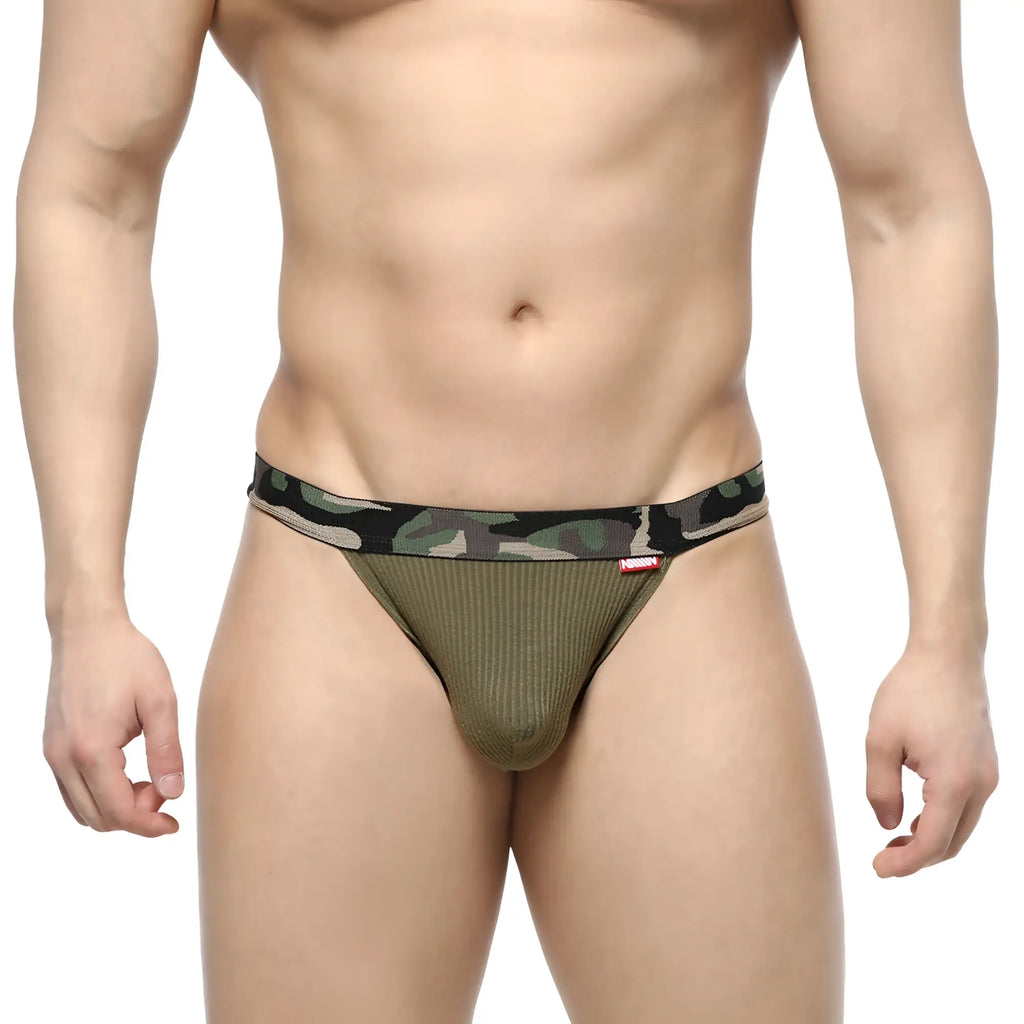 MetroMalewear felix jock strap green with olive green stripes and camouflage pattern on the waistband