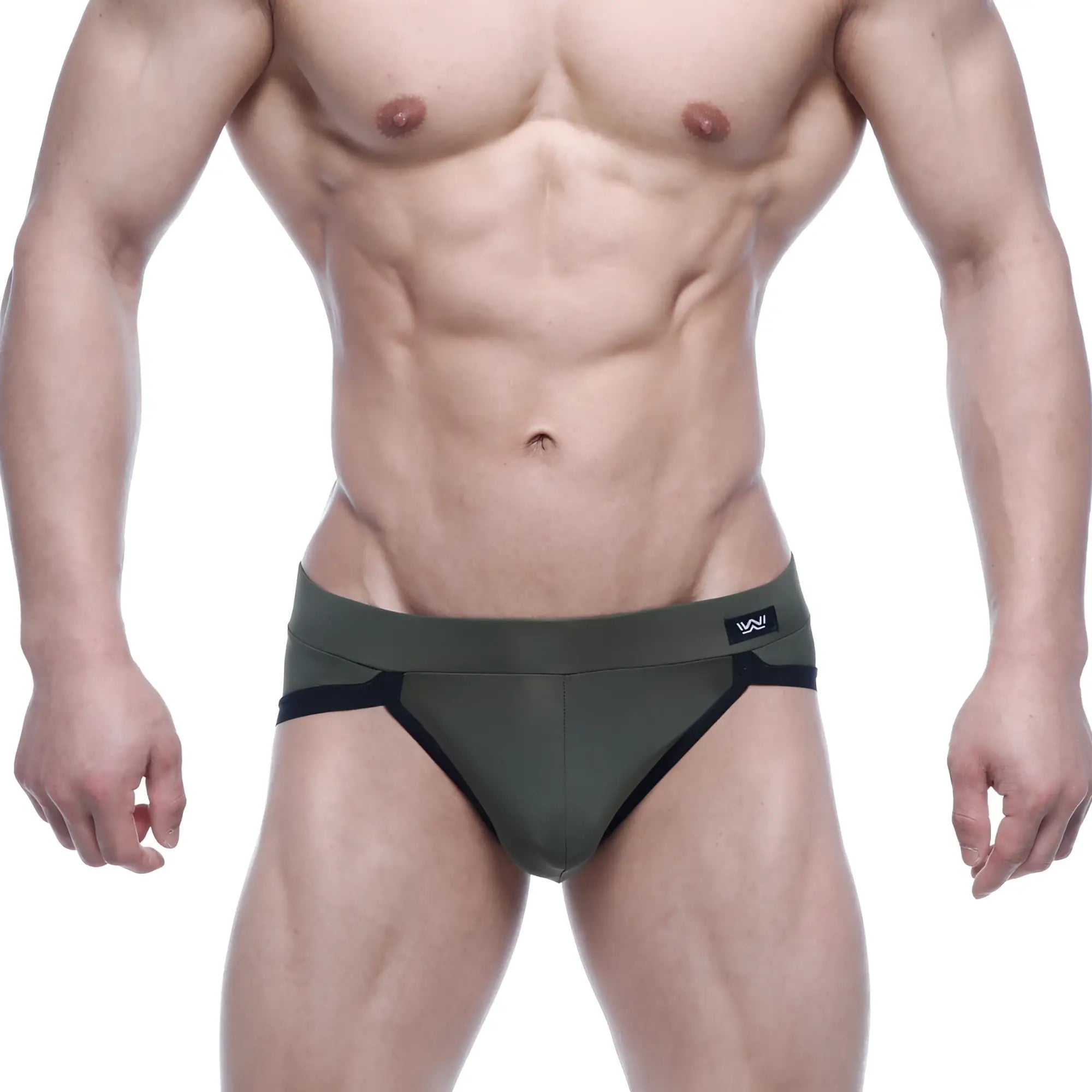 Olive green and black athletic briefs with sleek form-fitting design metro malewear filosofico bikini 2304-26